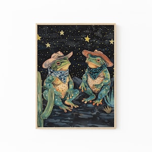 Impresión de pintura al óleo de rana vaquera / Impresión de rana vaquera / Sapo y rana coloridos, divertidos y extravagantes, con sombreros de vaquero y cactus / FCF3