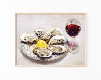 Oysters with Lemon Painting Print: Impasto Oil Style Still Life Art | Coastal Kitchen Wall Decor | FAS3