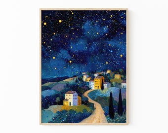 Gustav Klimt Village Night Print | Moon & Stars Fine Art Poster | CEL2