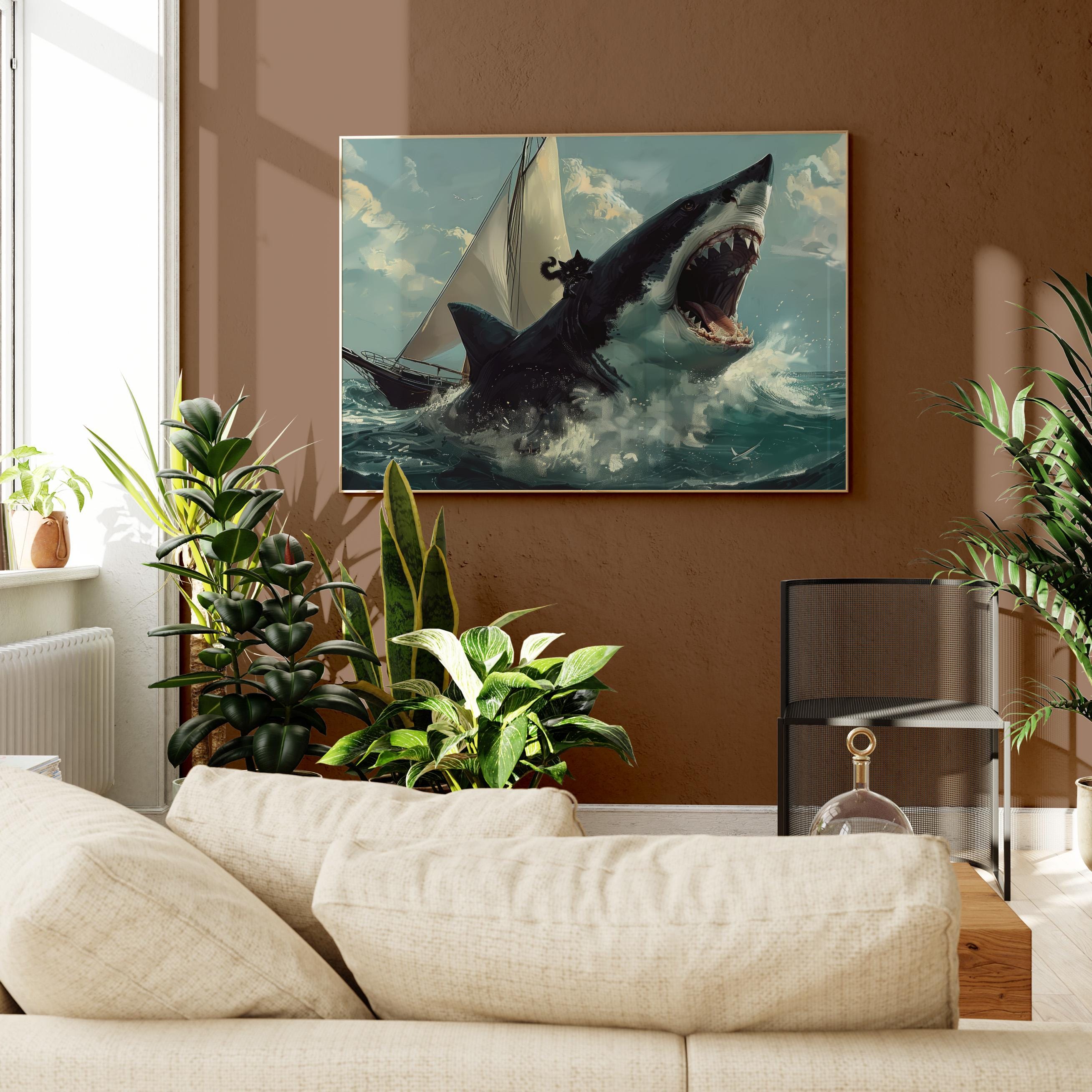 Stampa Su Tela 40x60 Cm – Gatto Che Cavalca Uno Squalo In Stile Vittoriano – Quadro Umoristico E Eclettico Per Bagno, Soggiorno, Camera Da Letto