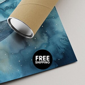 a cardboard tube with a blue watercolor painting of a starry night sky on it, along with a "FREE SHIPPING" label.