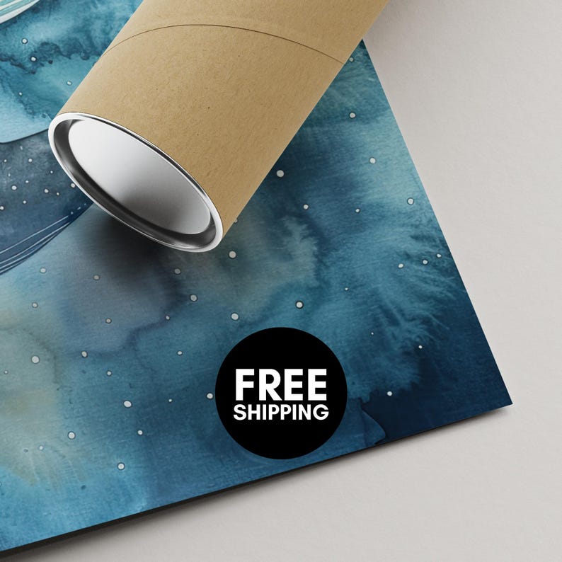 a cardboard tube with a blue watercolor painting of a starry night sky on it, along with a "FREE SHIPPING" label.
