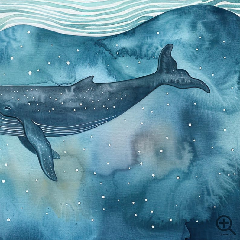 a large whale swimming in the ocean, surrounded by a starry night sky.