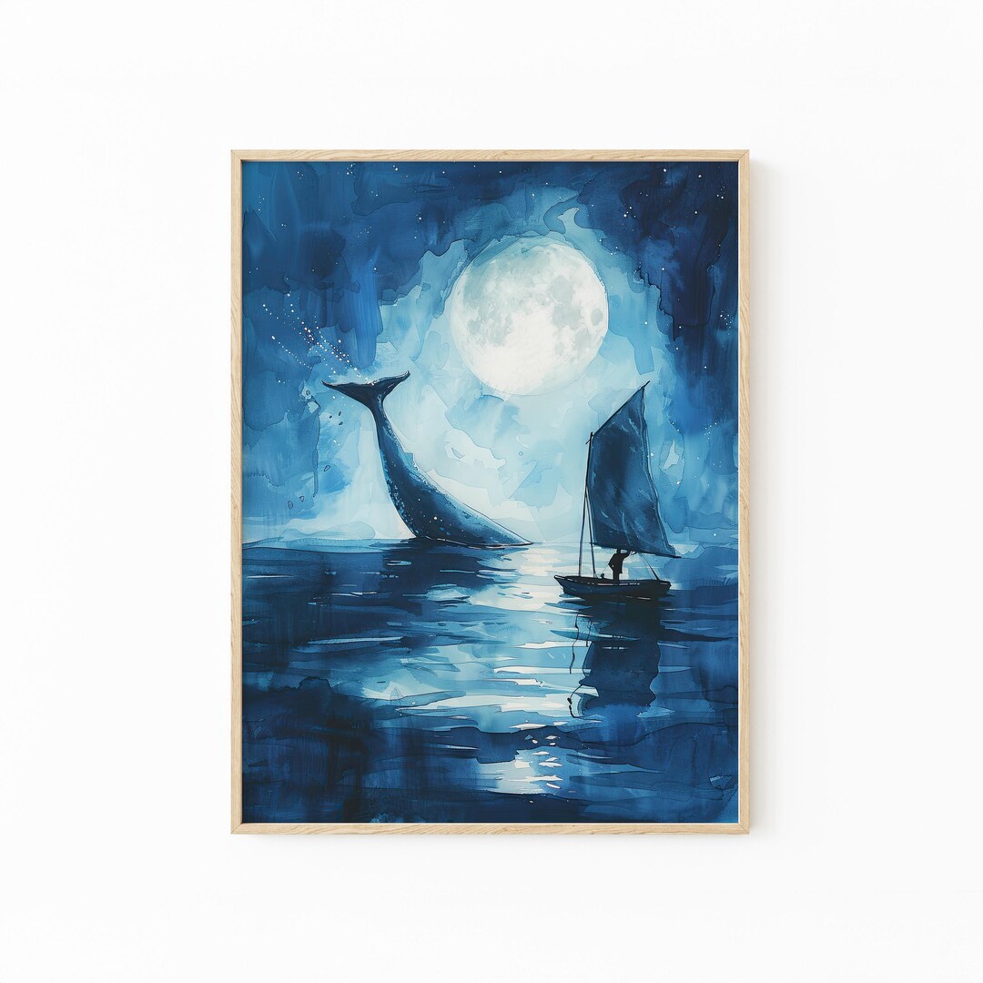 Whale Under the Moon Watercolor Painting | Whale Print | Whale and Boat ...