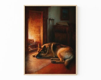 Lámina artística de pastor alemán durmiendo / Decoración de pared acogedora con perro iluminado por el sol / SCD3
