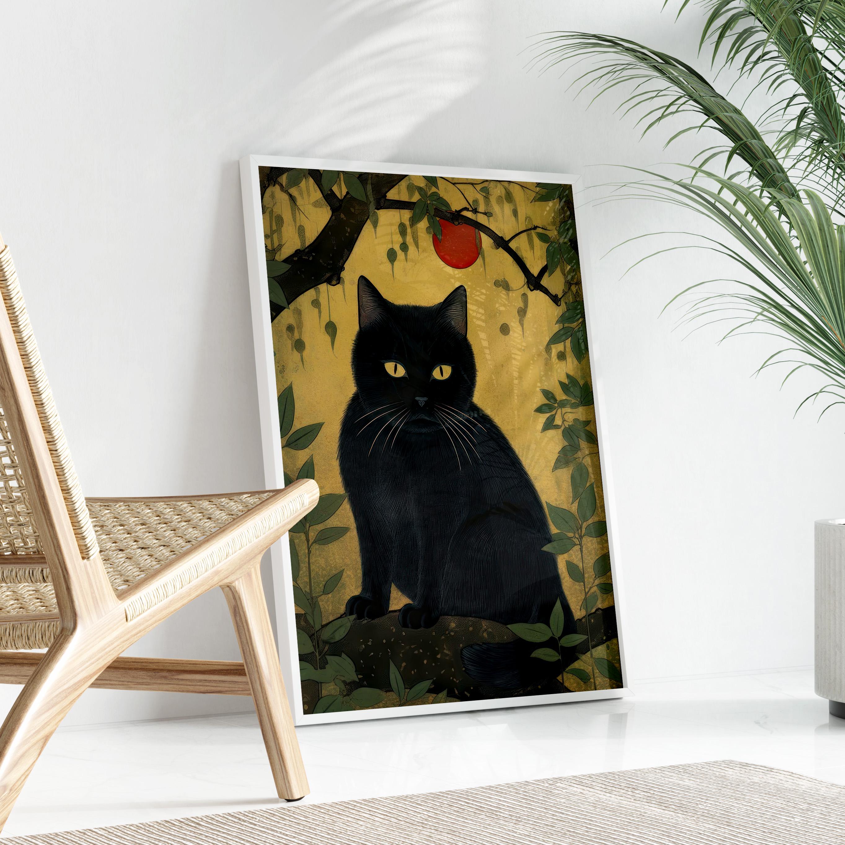 ヴィンテージの日本の黒猫の絵画プリント｜猫の壁アート｜和風