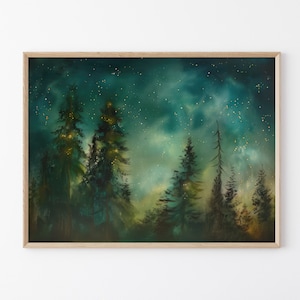Dipinto ad olio di foresta e stelle malinconiche / Pini sotto il cielo stellato della notte / Stampa artistica di pittura di boschi / MFA1