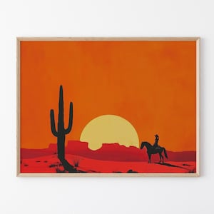Cowgirl Minimalistischer Boho Western Gemälde Druck | Vintage südwestlichen Boho Kunst | Cowboy Wandbild | Terrakotta Sonnenuntergang | Cowgirl Kunst | CAA6