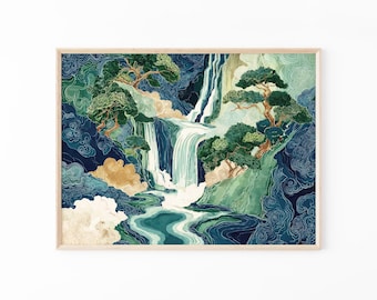 Japoński obraz olejny „Wodospad” Hokusai | Japoński obraz „Wodospad ukiyo-e” | Niebiesko-zielony japoński wystrój wnętrz | Sztuka wodospadu | JWH8
