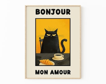 Le Chat Noir Print |  Bonjour Mon Amour Black Cat Wall Art for Vintage Home Decor | SFW3