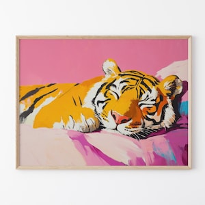 Sleeping Tiger In Bed Oil Painting Print | Maximalist Wall Decor | Tiger Print | Tiger Wall Art | Jungle Decor | Tiger Bedroom Decor | STIA5