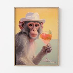 カクテルを持つサル | レトロなバーカートの美しい装飾 | かわいいアパートの壁アート | シュールなアートワーク | 面白い動物のプリント | MCR3