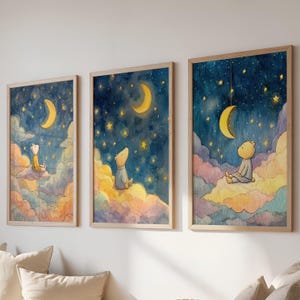 Set di 3 stampe raffiguranti orsacchiotti di peluche per la cameretta dei bambini / Stelle celesti, nuvole, luna / Bambino e bambina / Genere unisex, pastello sognante / Stampa lunare / BNTB1