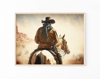 ワイルドウェストで馬に乗るカウボーイ、高品質のマットウォールアートプリント、カウボーイプリント、馬好きへのギフト