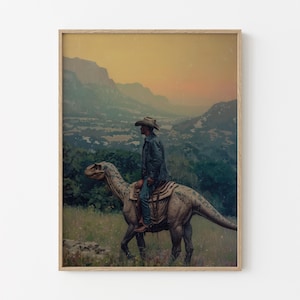 Stampa a olio vintage raffigurante un cowboy con dinosauro / Stampa di un dinosauro giurassico occidentale / Regalo per lui, stampa divertente / VDC11