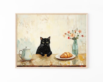 Cafe Croissant Cat Oil Painting Print | Kitchen Print | Bistro Coffee Poster | Un Cafe Sil Vous Plait | Kitchen Decor | Unique Prints | CCC5