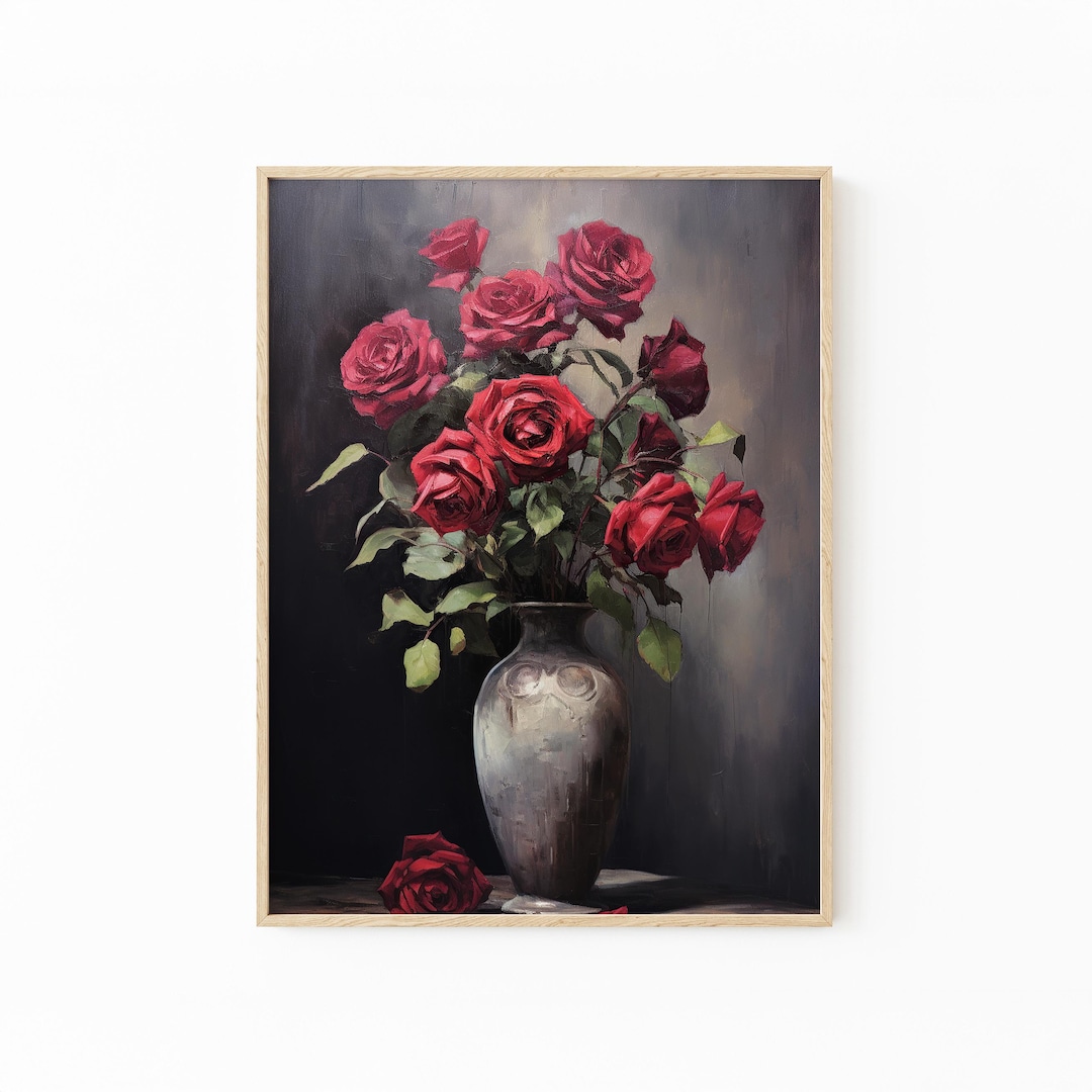Vintage Moody Dark Roses Still Life Oil Painting Print | Floral Dark ...