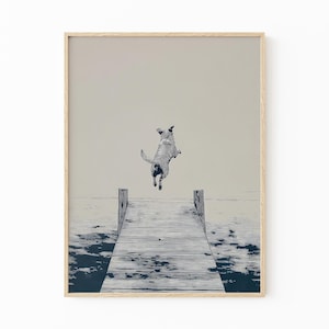 Happy Dog Jumping Off Dock Illustration | Happy Summertime Dog Sketch Art | Coastal Decor | Boat House Art | Gift for Dog Lovers | HDJ7