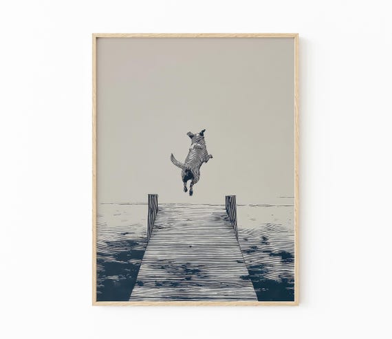 Happy Dog Jumping off Dock Illustration Happy Summertime Dog
