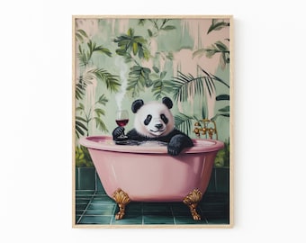 Panda Bathroom Print | Alcohol Print | Funny Animal Art | Panda in Bath Tub | Botanical Bathroom Art | PBW1