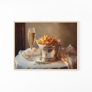 Pomme Frites and Champagne Glass Oil Painting Print | Cute Quirky Whimsical | Cocktail Art Bar Cart Decor | French Fries | PFA4