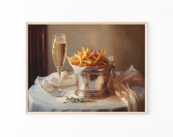 Pomme Frites and Champagne Glass Oil Painting Print | Cute Quirky Whimsical | Cocktail Art Bar Cart Decor | French Fries | PFA4