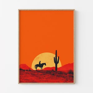 Cowgirl Minimalistischer Boho Western Gemälde Druck | Vintage südwestlichen Boho Kunst | Cowboy Wandbild | Terrakotta Sonnenuntergang | Cowgirl Kunst | CAA3