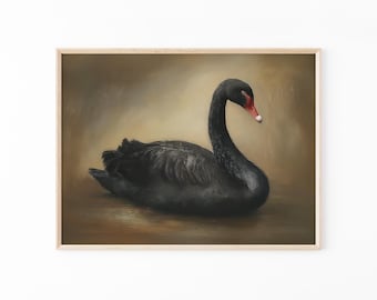 Antique Black Swan Oil Painting Print | Romantic Wall Art | Victorian Bird | Moody Aesthetic Room Decor | Black Swan Gothic Home | BSA1