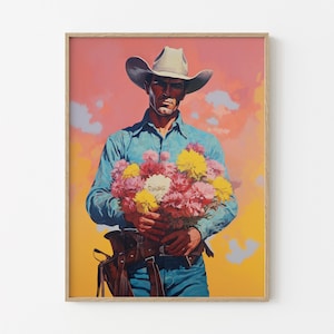Arte floreale da cowboy, stampa artistica da cowboy vintage, stampa artistica western, regalo da cowboy western, decorazione da cowboy retrò, dipinto da cowboy western FCA3