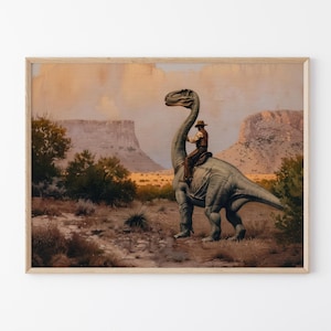 Stampa a olio vintage raffigurante un cowboy con dinosauro / Stampa di un dinosauro giurassico occidentale / Regalo per lui, stampa divertente / VDC16