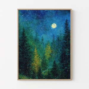Moon & Stars Oil Painting Print | Vintage Dark Forest | Landscape Nature Decor | Celestial Night Sky Print | Farmhouse Print | MSO5