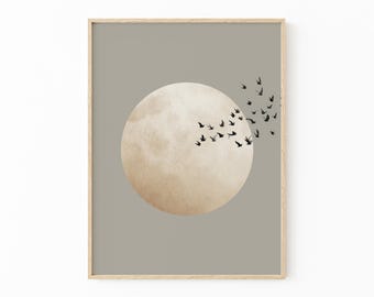 Silber Beige Mond Japandi Malerei Druck | Vogelschwarm Wandkunst | Japanisches Sonnendekor | Orientalische Wandkunst | MAV3