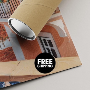 a cardboard tube with a painting of a building on it, along with a "FREE SHIPPING" label.