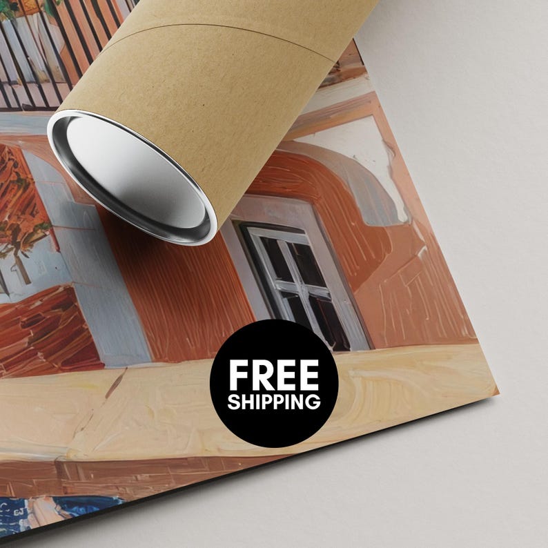 a cardboard tube with a painting of a building on it, along with a "FREE SHIPPING" label.