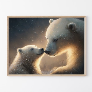 Orso polare con cucciolo, opera d'arte a olio pacifica, stampa artistica da parete opaca firmata, decorazione invernale per la casa, regalo per gli amanti dell'orso polare