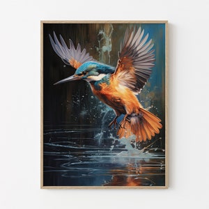 Hermoso martín pescador saltando del agua, pintura al óleo, impresión artística de martín pescador, impresión mate para pared, regalos de martín pescador