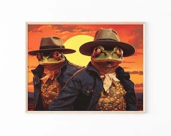 Funny Colourful Toad and Frog wearing cowboy hats Painting Print | Surreal Western Art | Frog Decor