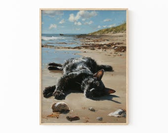 Black Cat Sleeping on Beach Oil Painting Print | Relaxed Black Cat Art | Beach Decor | Still Life Cat Print | Gift for Cat Lovers | BCB7