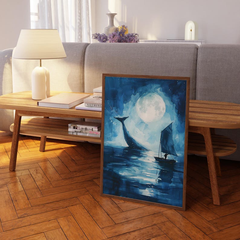 Whale Under the Moon Watercolor Painting | Whale Print | Whale and Boat ...