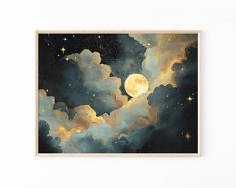 Moon Celestial Oil Painting Print | Dark Academia Decor | Abstract Night Sky Stars Print | Blue Gold Vintage Painting | DGM8