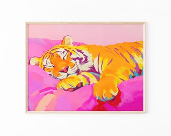 Oljemålning med tiger i sängen | Maximalistisk väggdekoration | Tiger sovrumsdekoration | STIA7