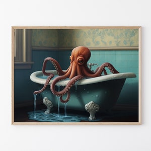 Octopus in the Bathtub Oil Painting Print | Funny Bathroom Wall Art, Surreal Octopus Wall Art, Whimsy Animal Art, Dark Humor OIT1