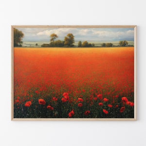 Papaveri dei campi delle Fiandre / Dipinto a olio di campo di fiori rossi / Stampa artistica da parete opaca / Dipinto a olio di paesaggio / Arte murale del ricordo