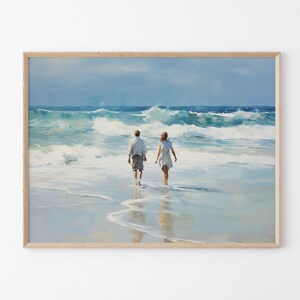Stampa a olio di coppia sull'oceano / Dipinto blu tenue / Decorazione per casa sulla spiaggia / Arte murale costiera stampabile / Decorazione oceano / #OCO1