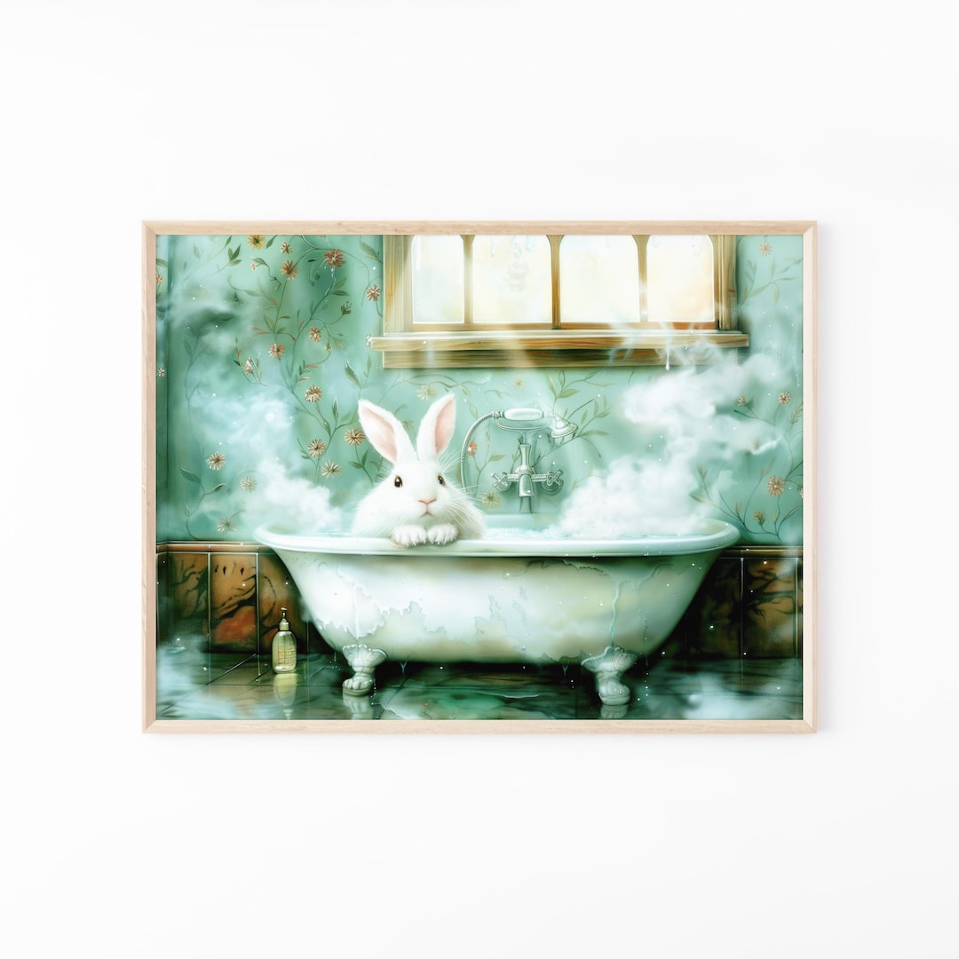 Deviantart Rabbit Bath Rabbit in Bathtub Painting | Bathroom Wall Art Print | Animal Decor ...