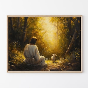 Lost Lamb Oil Painting Print | Jesus Running with Lost Lamb | Jesus Lamb of God | Jesus and Lamb No Words | Lost Sheep with Jesus | LLO4