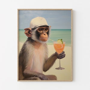 Monkey with Cocktail | Retro Bar Cart Aesthetic Decor | Cute Apartment Wall Art | Surreal Artwork | Funny Animal Print | MCR8