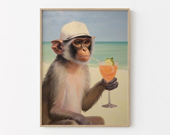 Monkey with Cocktail | Retro Bar Cart Aesthetic Decor | Cute Apartment Wall Art | Surreal Artwork | Funny Animal Print | MCR8