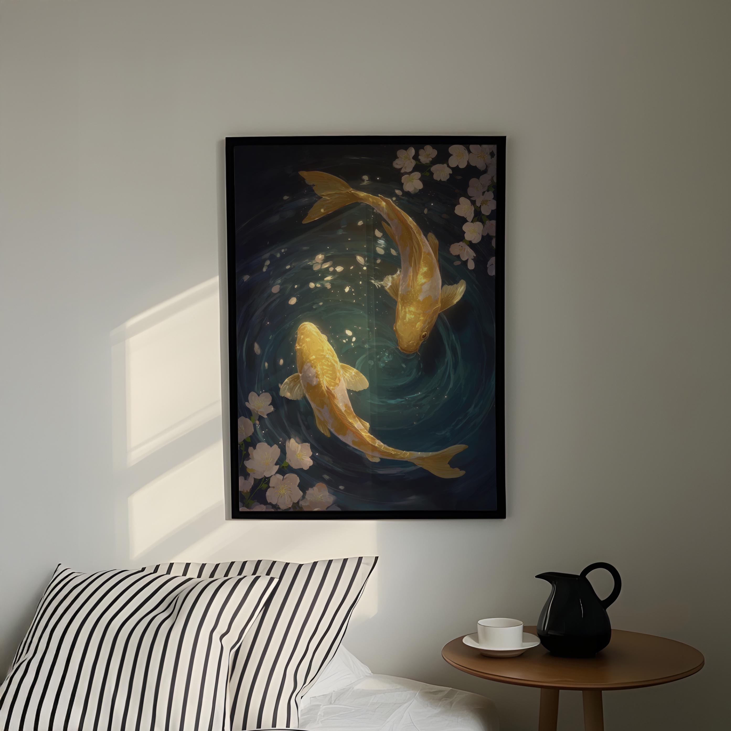 Koi Fish Art Print | Japanese Modern Floral Poster | Light Blue Bedroom ...