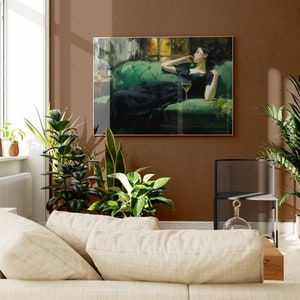 Decadent Young Woman after the Dance, Still Life Woman, Vintage Wall Art, Emerald Green Art, Moody Wall Decor, Oil Painting Print DY07 image 4
